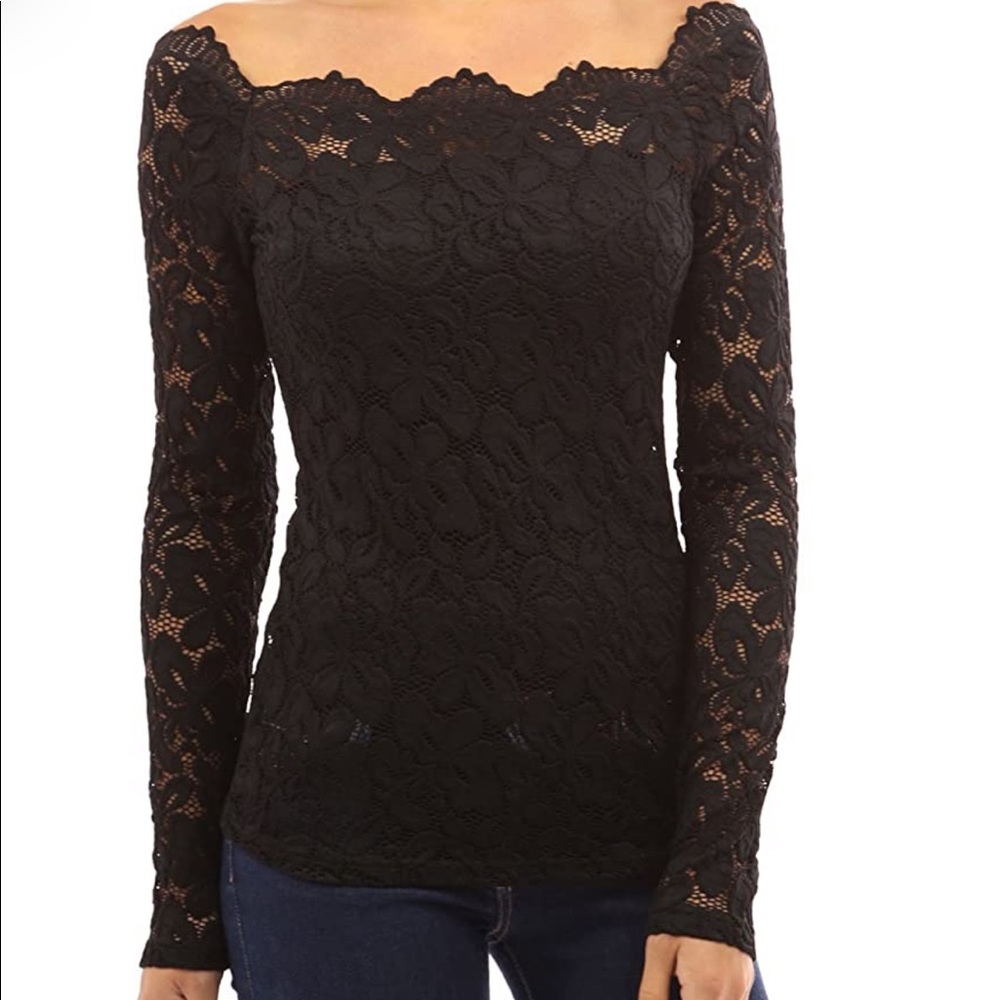 PattyBoutik Women Floral Lace Off Shoulder Top (Black Large)